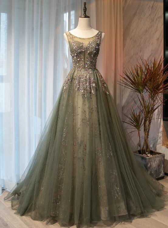 Beautiful Tulle with Applique Light Green Round Neckline Prom Dress, L Cutedressy Beautiful Tulle with Applique Light Green Round Neckline Prom Dress, L Cutedressy