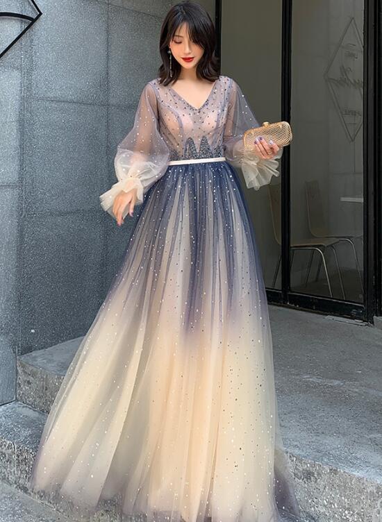 Homecoming Dresses Silver Puffy Dress Beautiful V-neckline Long Puffy Sleeves Gradient Party Dress, Long Homecoming Dresses Silver Puffy Dress Beautiful V-neckline Long Puffy Sleeves Gradient Party Dress, Long