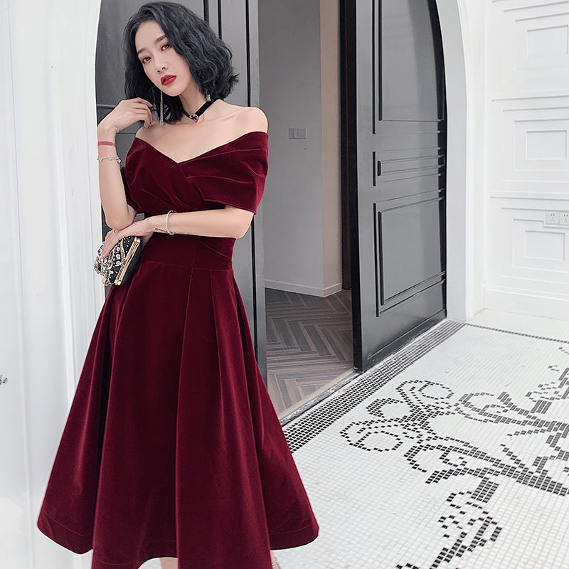 Beautiful Velvet Off Shoulder Black Tea Length Evening Dresses, New Ch Cutedressy Beautiful Velvet Off Shoulder Black Tea Length Evening Dresses, New Ch Cutedressy