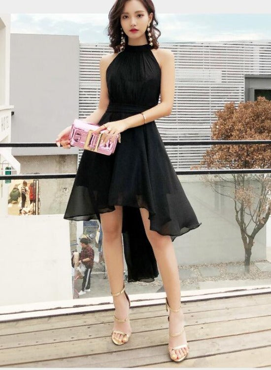 Black Chiffon Halter High Low Party Dress Homecoming Dress, Black Brid Cutedressy Black Chiffon Halter High Low Party Dress Homecoming Dress, Black Brid Cutedressy