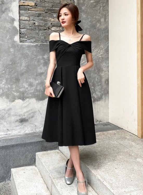 Black Off Shoulder Tea Length Wedding Party Dress, Black Prom Dress Ho Cutedressy Black Off Shoulder Tea Length Wedding Party Dress, Black Prom Dress Ho Cutedressy