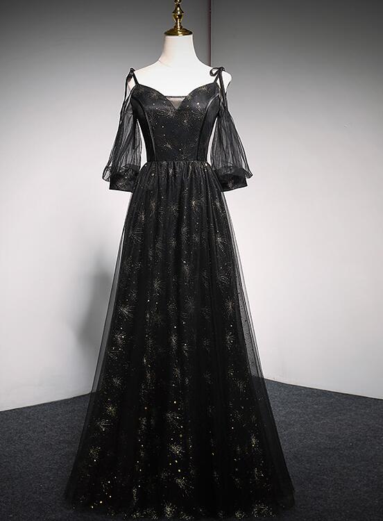 Black Straps Tulle Long Party Dress with Sleeves Evening Dress, Black Cutedressy Black Straps Tulle Long Party Dress with Sleeves Evening Dress, Black Cutedressy