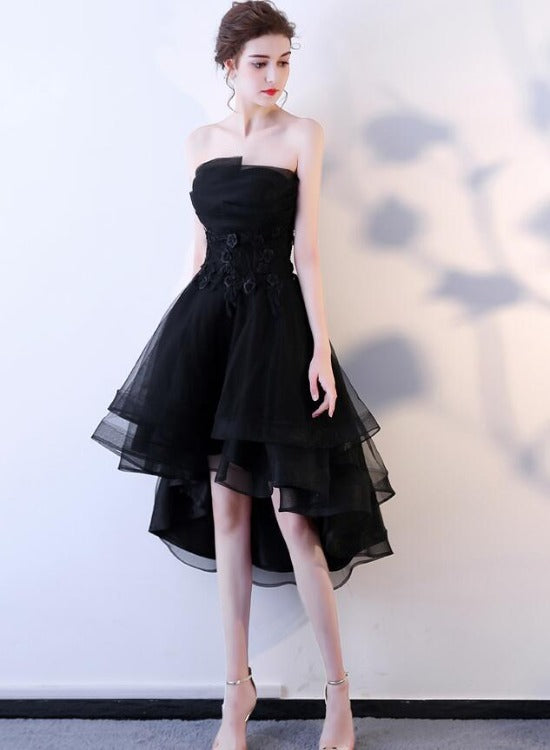 Black Tulle Flowers Lace High Low Strapless Homecoming Dress, Black Fo Cutedressy Black Tulle Flowers Lace High Low Strapless Homecoming Dress, Black Fo Cutedressy