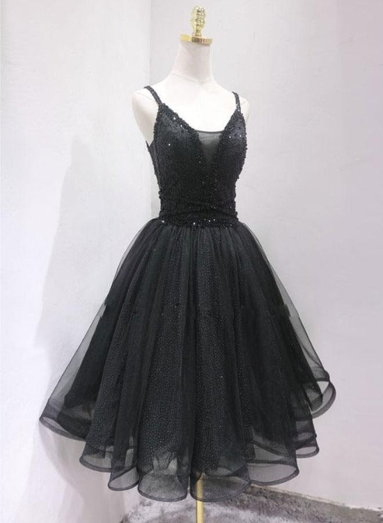 Black Tulle and Beaded Knee Length Straps Homecoming Dress, Black Shor Black Tulle and Beaded Knee Length Straps Homecoming Dress, Black Shor