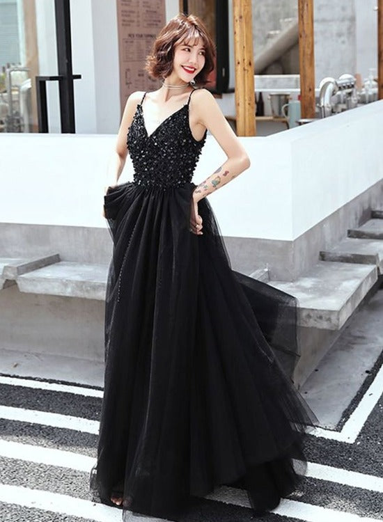 Black V-neckline Beaded Straps Tulle Long Slit Formal Dress, Black Pro – Cutedressy