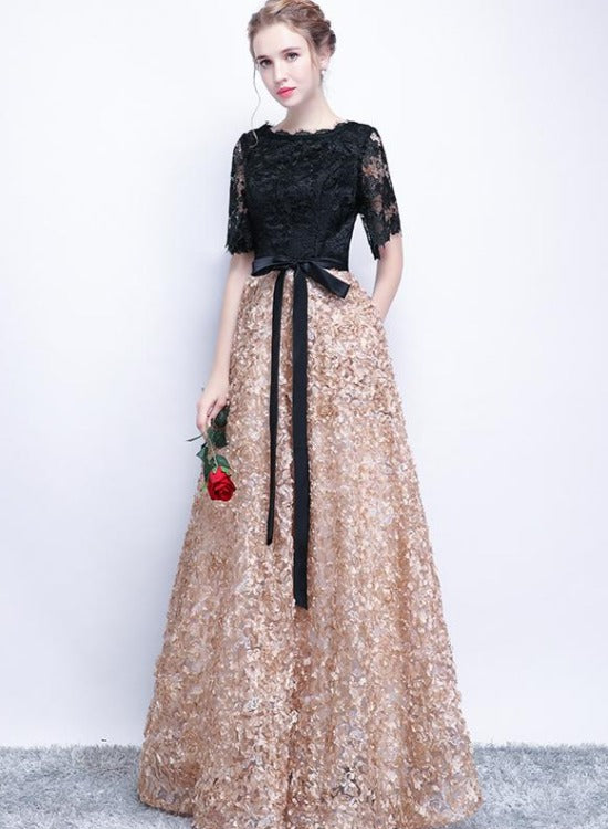 Black and Champagne Lace A-line Long Evening Dress Party Dress, Simple Cutedressy Black and Champagne Lace A-line Long Evening Dress Party Dress, Simple Cutedressy