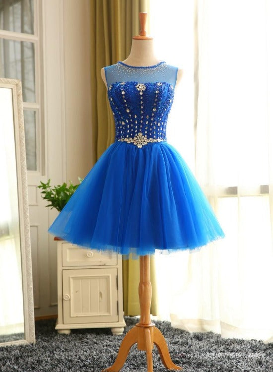 Blue Beaded Tulle Short Cute Homecoming Dress, Blue Short Party Dress Cutedressy Blue Beaded Tulle Short Cute Homecoming Dress, Blue Short Party Dress Cutedressy