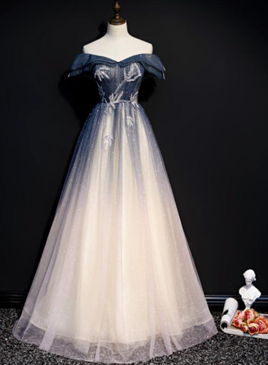 Blue Off Shoulder Shiny Tulle Gradient A-line Long Party Dress, A-line Blue Off Shoulder Shiny Tulle Gradient A-line Long Party Dress, A-line