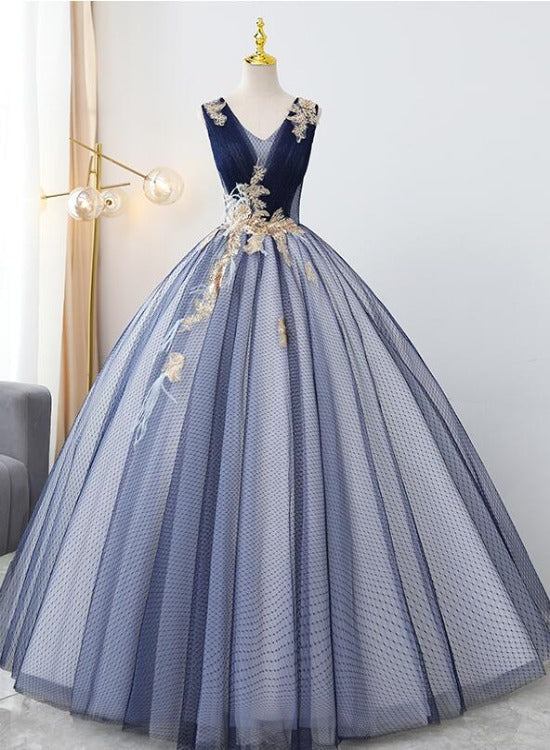Blue Tulle Ball Gown V-neckline Sweet 16 Dresses, Blue Floor Length Fo Cutedressy Blue Tulle Ball Gown V-neckline Sweet 16 Dresses, Blue Floor Length Fo Cutedressy