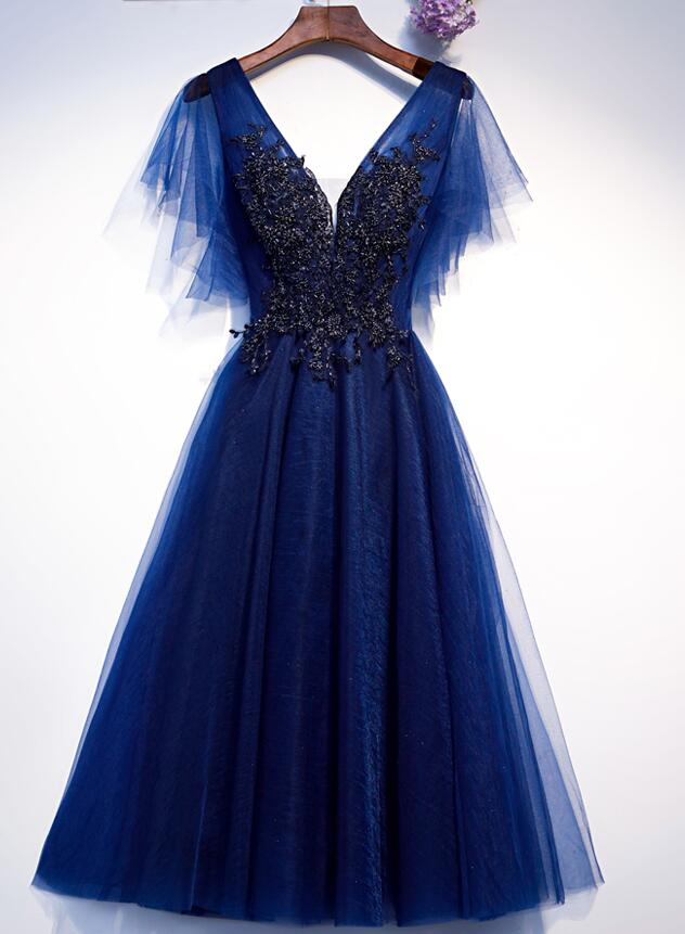 long flowy dresses for prom Blue Tulle Short Party Dress with Lace Applique, Blue Formal Dress Pro – Cutedressy