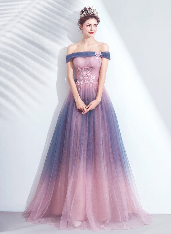 Blue and Pink Tulle Shiny Gradient Off Shoulder Party Dress, A-line Lo Blue and Pink Tulle Shiny Gradient Off Shoulder Party Dress, A-line Lo
