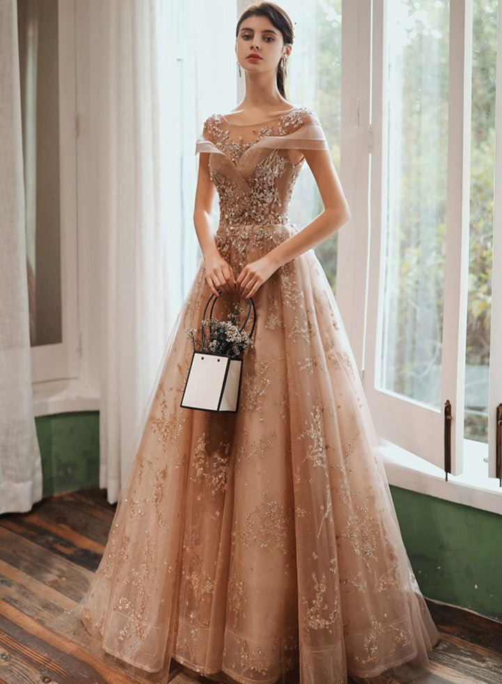 Champagne Cap Sleeves Tulle Long Party Dress, New Style Long Prom Dres Cutedressy Champagne Cap Sleeves Tulle Long Party Dress, New Style Long Prom Dres Cutedressy