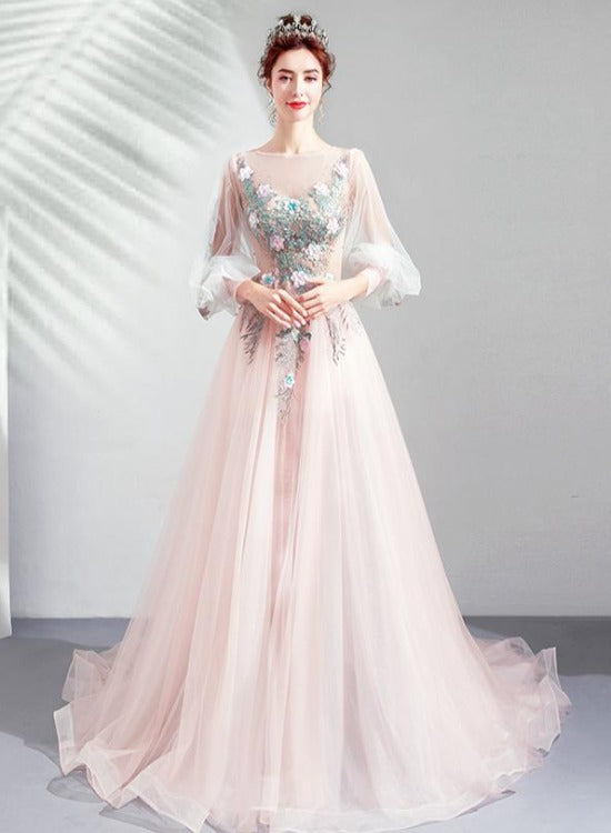 light pink puffy prom dress Beautiful Blushing Pink Beading Prom Dresses, Off the Shoulder Puffy S