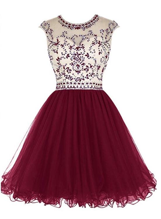 Cute Round Neckline Beaded Tulle Open Back Homecoming Dress, Short Pro Cutedressy Cute Round Neckline Beaded Tulle Open Back Homecoming Dress, Short Pro Cutedressy
