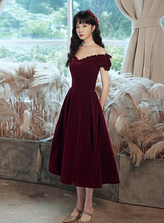 Cute Short Burgundy Sweetheart Off Shoulder Tea Length Party Dress, Ve – Cutedressy Cute Short Burgundy Sweetheart Off Shoulder Tea Length Party Dress, Ve – Cutedressy