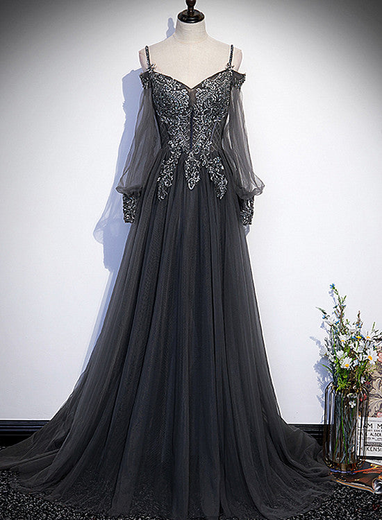 Dark Grey Long Sleeves Lace Applique A-line Prom Dress, Grey Long Form Cutedressy Dark Grey Long Sleeves Lace Applique A-line Prom Dress, Grey Long Form Cutedressy