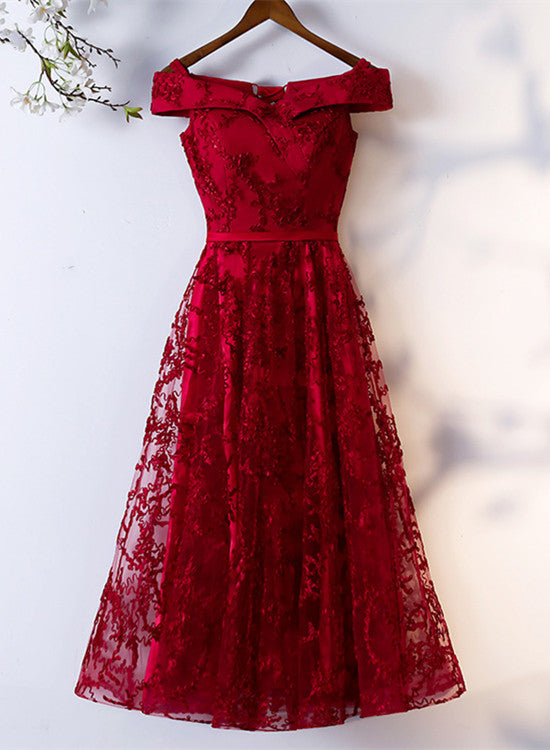 Dark Red Lace Off Shoulder Short Party Dress Formal Dress, Wine Red Ho Cutedressy Dark Red Lace Off Shoulder Short Party Dress Formal Dress, Wine Red Ho Cutedressy