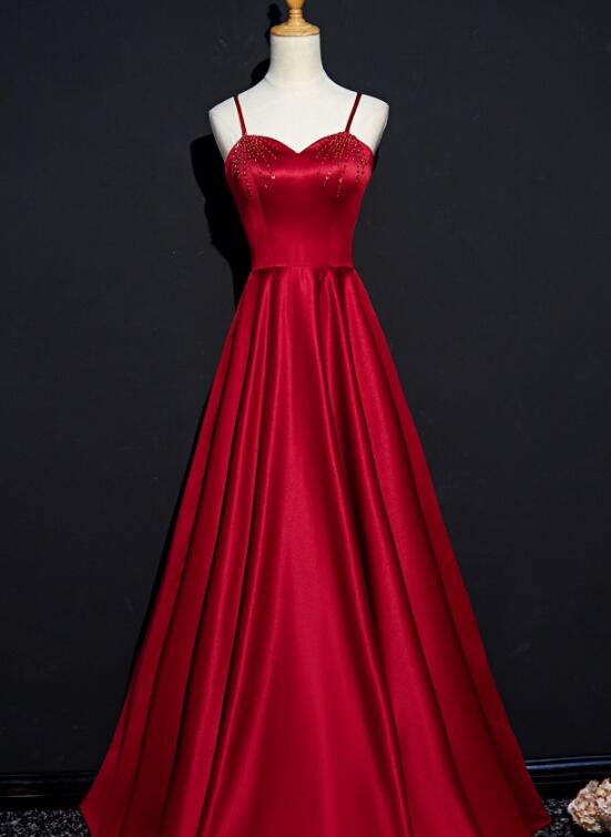 party dresses red color Dark Red Straps Beaded Sweetheart Satin Long Party Dress, Wine Red Pro – Cutedressy