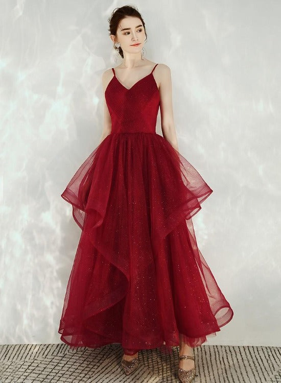 Dark Red Straps V-neckline Layers Long Formal Dress, Burgundy Low Back Dark Red Straps V-neckline Layers Long Formal Dress, Burgundy Low Back