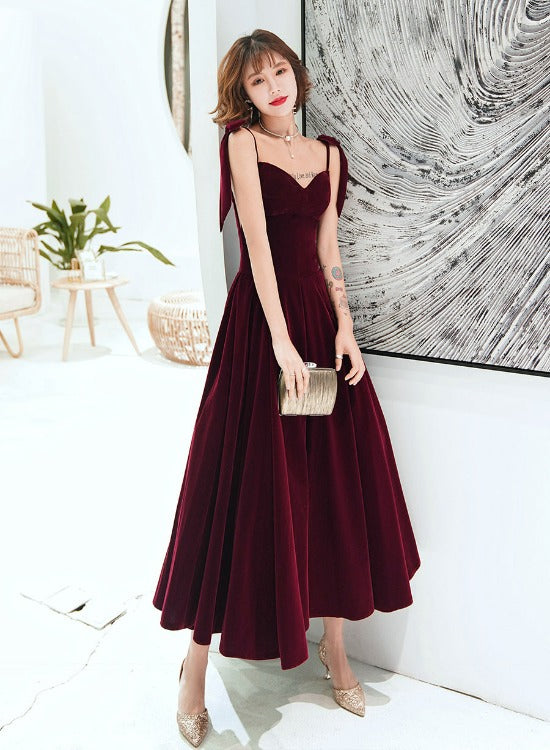 Dark Red Straps Velvet Elegant Tea Length Bridesmaid Dress, Burgundy P Cutedressy Dark Red Straps Velvet Elegant Tea Length Bridesmaid Dress, Burgundy P Cutedressy