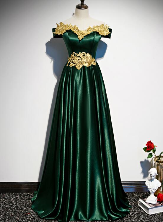 Green Satin with Gold Lace Off Shoulder Long Evening Dress, Green Prom