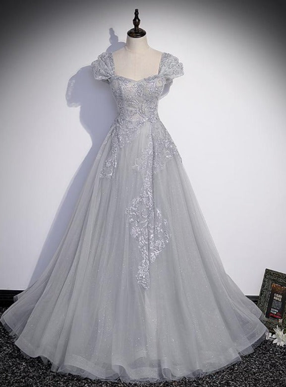 Grey Sweetheart Lace and Tulle A-line Evening Dress, Light Grey Prom D Cutedressy Grey Sweetheart Lace and Tulle A-line Evening Dress, Light Grey Prom D Cutedressy