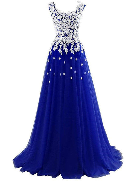 Long Blue Tulle Prom Dresses,White Appliques Princess Dress, Wedding P Cutedressy Long Blue Tulle Prom Dresses,White Appliques Princess Dress, Wedding P Cutedressy
