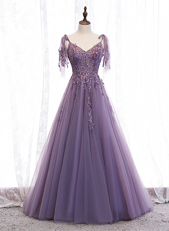 Dark Purple V-neckline Lace Beaded Long Prom Dress, A-line Tulle Eveni Cutedressy Dark Purple V-neckline Lace Beaded Long Prom Dress, A-line Tulle Eveni Cutedressy