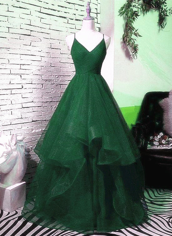 Hunter Green Straps V-neckline Layers Long Party Dress, Green New Prom
