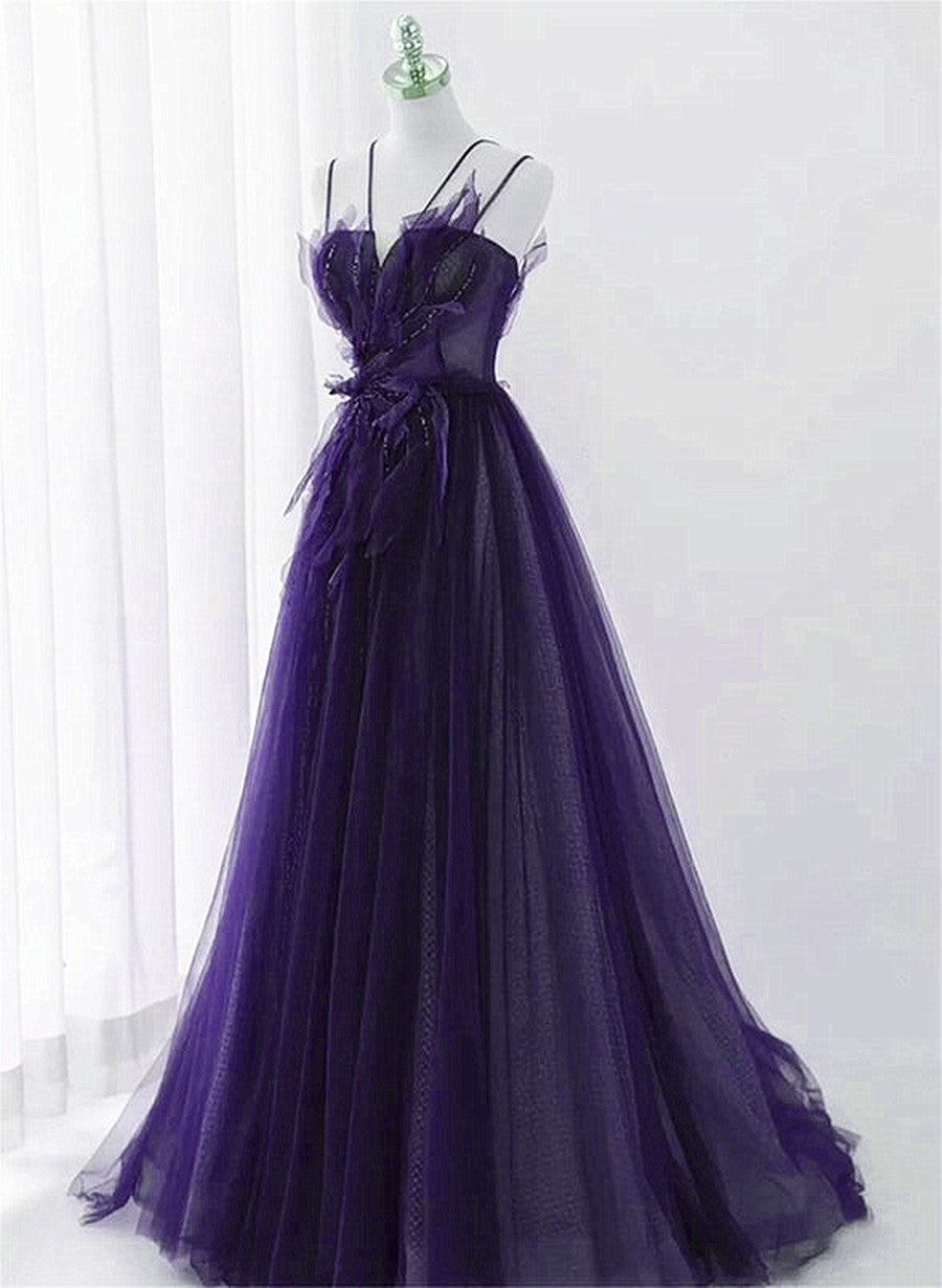 Purple Tulle Beaded Long A-line Prom Dress Formal Dress, Purple Evenin Purple Tulle Beaded Long A-line Prom Dress Formal Dress, Purple Evenin