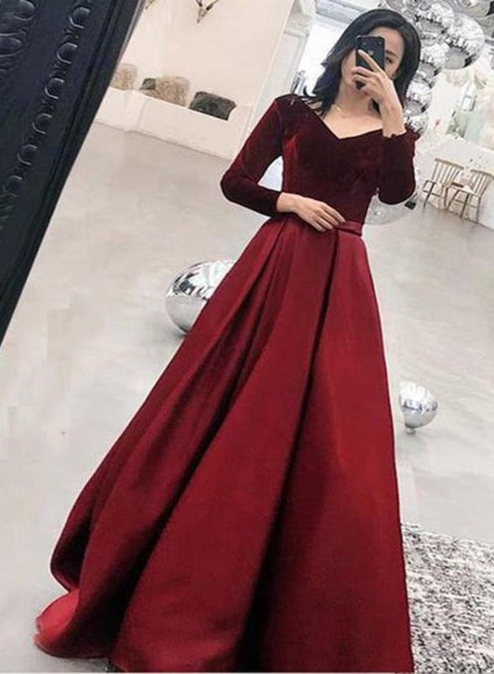 Wine Red Satin and Velvet Long Party Dress, Long Sleeves Evening Dress Cutedressy Wine Red Satin and Velvet Long Party Dress, Long Sleeves Evening Dress Cutedressy