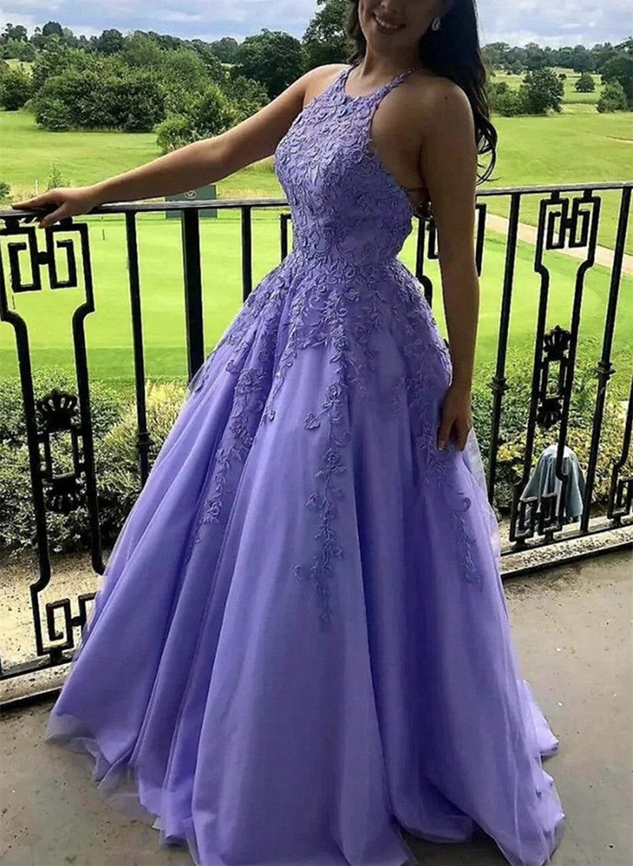 Lavender Halter Tulle with Lace Long Formal Dress, A-line Party Dress Lavender Halter Tulle with Lace Long Formal Dress, A-line Party Dress