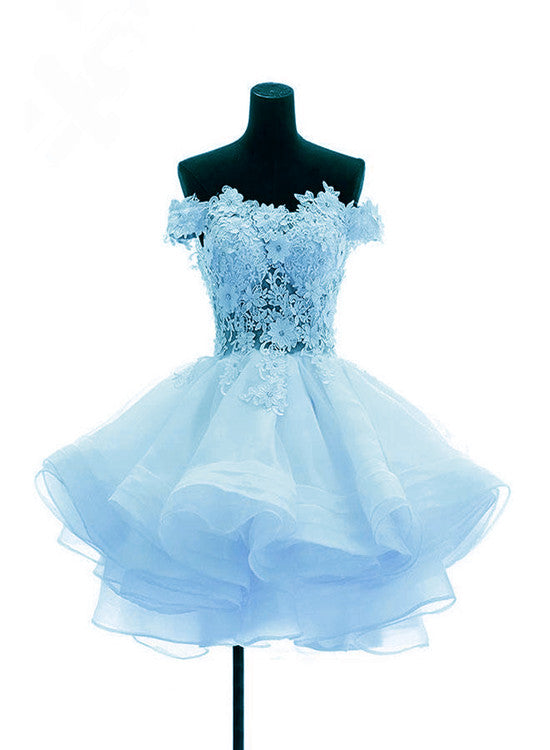 Light Blue Organza with Flower and Lace Short Party Dress, Blue Homeco Cutedressy Light Blue Organza with Flower and Lace Short Party Dress, Blue Homeco Cutedressy