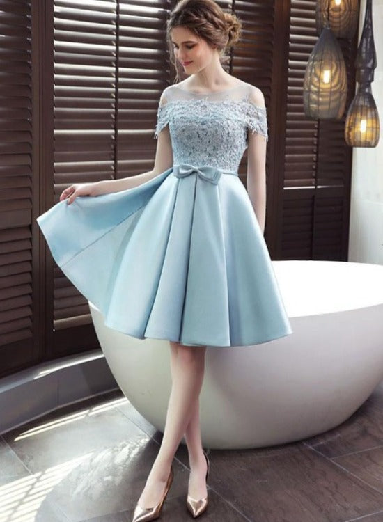 Light Blue Satin Lace Top Off Shoulder Homecoming Dress, Blue Prom Dre Light Blue Satin Lace Top Off Shoulder Homecoming Dress, Blue Prom Dre