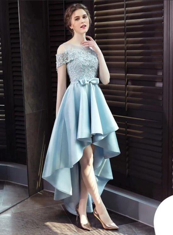 Light Blue Satin New Style Lace Off Shoulder High Low Formal Dress, Bl Cutedressy Light Blue Satin New Style Lace Off Shoulder High Low Formal Dress, Bl Cutedressy