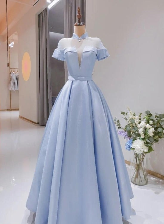 Light Blue Satin Short Sleeves High Neckline Long Evening Dress, New S Light Blue Satin Short Sleeves High Neckline Long Evening Dress, New S