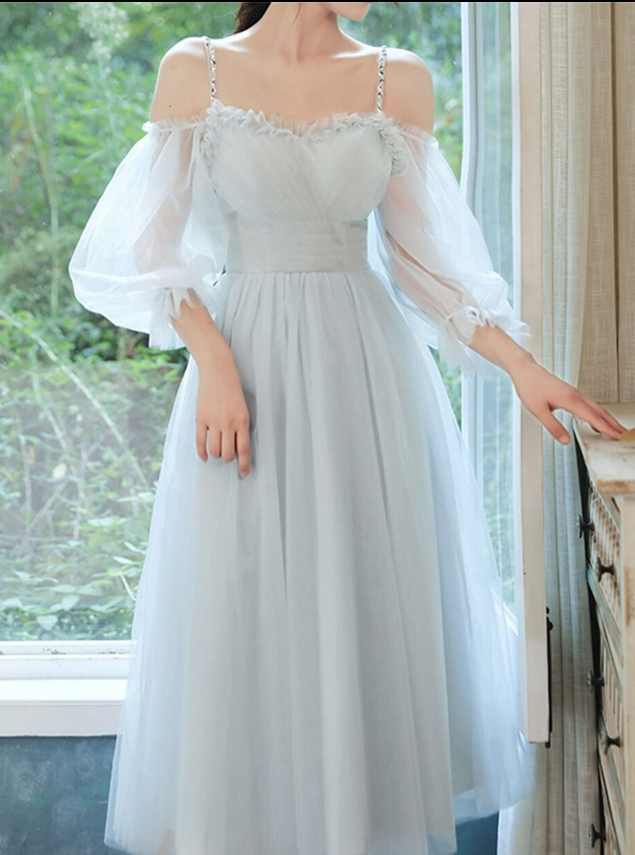 Light Blue Tea Length Party Dress with Puffy Sleeves, Charming Blue Fo Light Blue Tea Length Party Dress with Puffy Sleeves, Charming Blue Fo