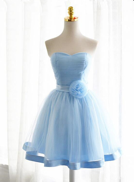 Light Blue Tulle Sweetheart with Bow Cute Party Dress, Blue Short Home
