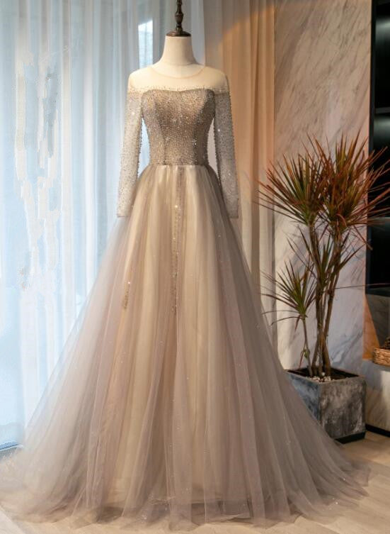 Light Grey Beaded Long Sleeves Fashionable Tulle Evening Dress, Tulle Cutedressy Light Grey Beaded Long Sleeves Fashionable Tulle Evening Dress, Tulle Cutedressy