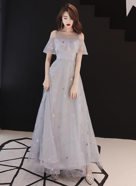 Light Grey Tulle A-line Simple Long Party Dress, Grey Evening Dresses Cutedressy Light Grey Tulle A-line Simple Long Party Dress, Grey Evening Dresses Cutedressy