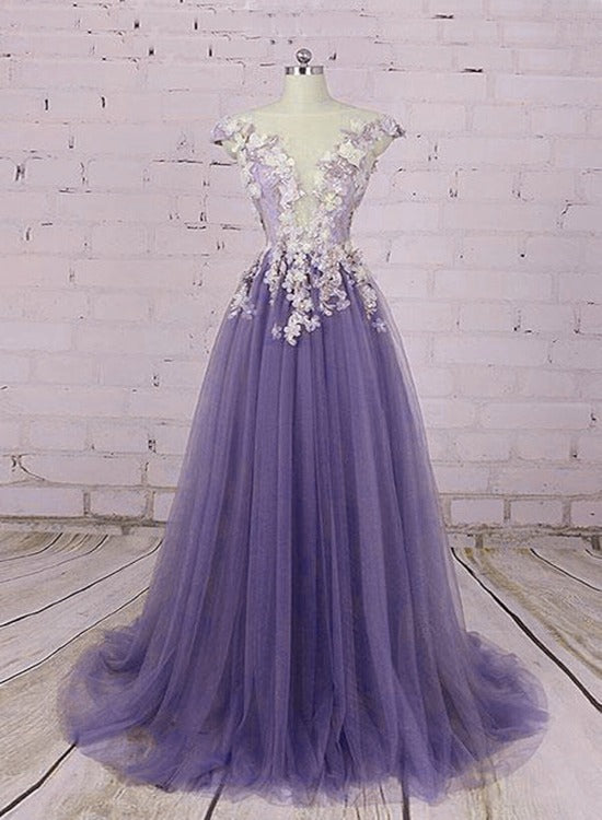 Light Purple Tulle Floral Long A-line Prom Dress Wedding Party Dress, Light Purple Tulle Floral Long A-line Prom Dress Wedding Party Dress,