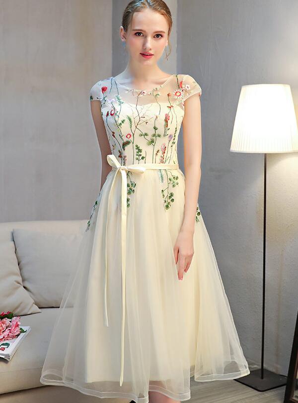 Lovely Light Champagne Cap Sleeves Floral Tea Length Party Dress, Cute Cutedressy Lovely Light Champagne Cap Sleeves Floral Tea Length Party Dress, Cute Cutedressy