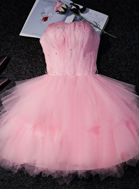 open lace back dress Lovely Pink Tulle Short Party Dress with Feather, Cute Pink Homecoming Cutedressy open lace back dress Lovely Pink Tulle Short Party Dress with Feather, Cute Pink Homecoming Cutedressy