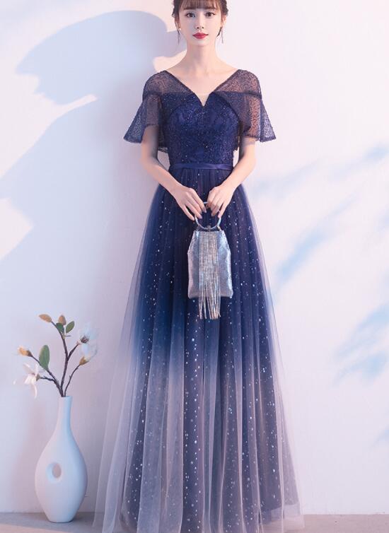 blue gradient prom dress Gradient Blue Floral Applique Prom Dresses V-Neck A-Line Evening Dress Viniodress