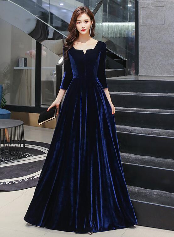 Navy Blue Velvet Long A-line Simple Style Bridesmaid Dresses, Elegant Cutedressy Navy Blue Velvet Long A-line Simple Style Bridesmaid Dresses, Elegant Cutedressy