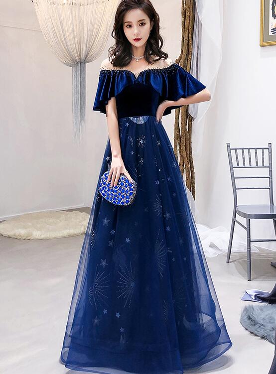 Navy Blue Velvet and Tulle Floor Length Evening Dress Party Dress, Blu Cutedressy Navy Blue Velvet and Tulle Floor Length Evening Dress Party Dress, Blu Cutedressy