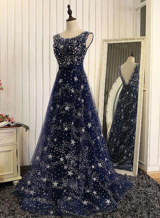 Shiny Navy Blue Tulle Long Formal Dress, Blue Prom Dress Evening Gown Cutedressy Shiny Navy Blue Tulle Long Formal Dress, Blue Prom Dress Evening Gown Cutedressy