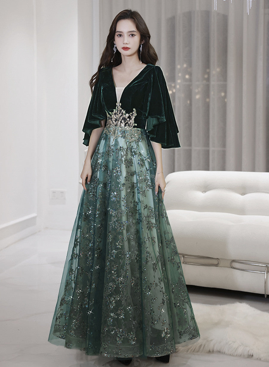 Dark Green Velvet with Tulle Long Party Dress, Dark Green A-line Forma Cutedressy Dark Green Velvet with Tulle Long Party Dress, Dark Green A-line Forma Cutedressy
