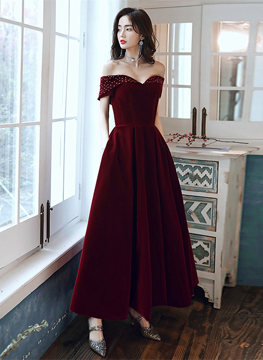 Burgundy Velvet Off Shoulder Long Wedding Party Dress, Burgundy Prom D Cutedressy Burgundy Velvet Off Shoulder Long Wedding Party Dress, Burgundy Prom D Cutedressy
