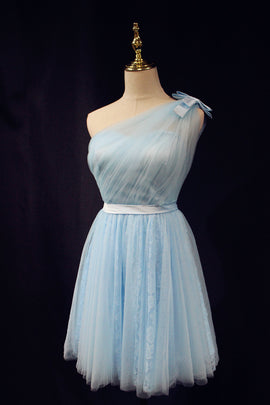 Light Blue One Shoulder Tulle and Lace Homecoming Dress, Bridesmaid Dress